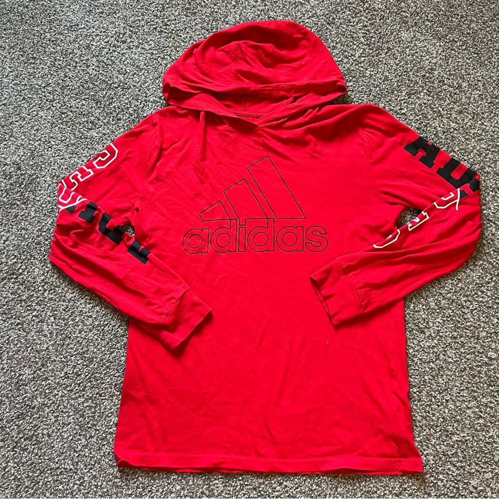 Kids Adidas red long sleeve hooded tshirt size L